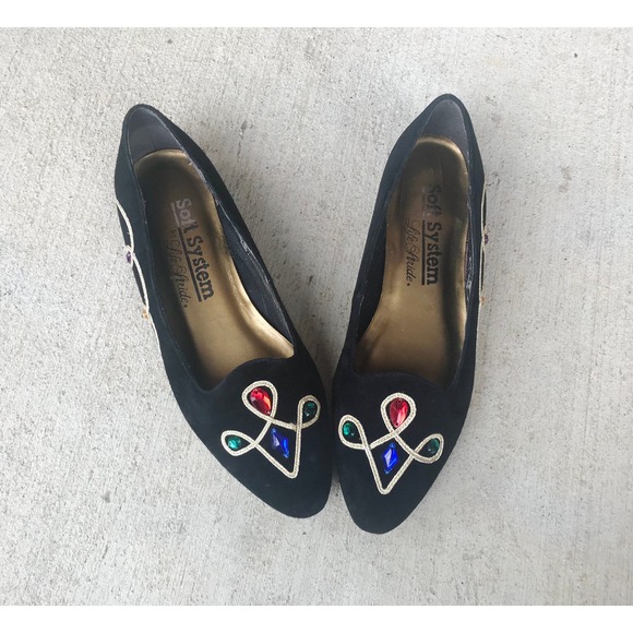 vintage 80s COLORFUL JEWELS black suede pointy FLATS unique avant garde rainbow - Picture 2 of 10
